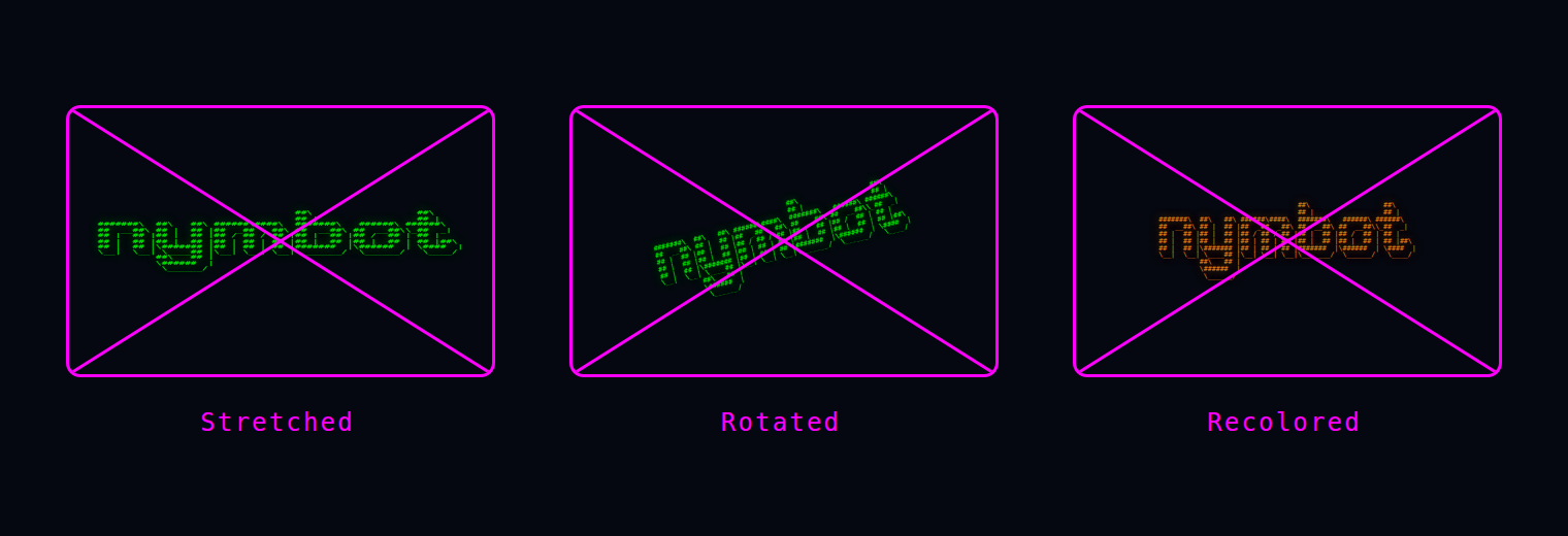 Three crossed-out examples of the Nymbot wordmark: stretched horizontally, rotated, and recolored orange.