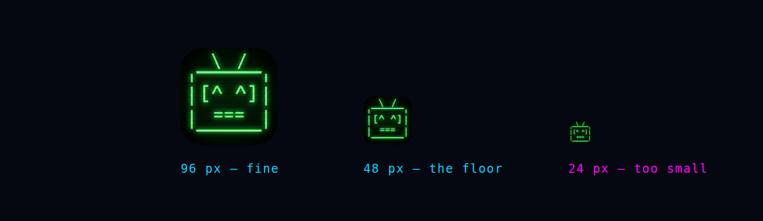 The Nymbot app icon shown at 96, 48 and 24 pixels, with 24 pixels marked as too small.