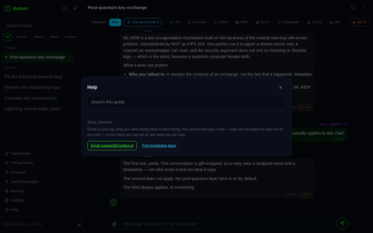 The Help modal, listing every Nymbot command with a one-line description.
